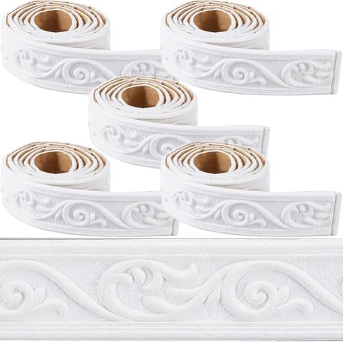 CRASPIRE 443 x 2in Crown Molding Peel and Stick Foam White Self Adhesive Flexible Trim 3D Sticky Vintage Decorative Wallpaper Border Wall Edging Foam Baseboard Mirror Border Wall Lines Hotel DIY Decor