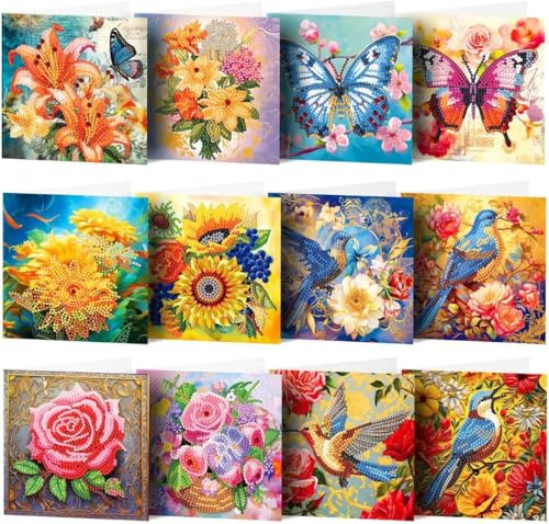 Generisch 5D DIY Diamond Painting Karten, 6 Stück Strass Handwerk Grußkarte,Diamant Malerei Geschenkkarte Feiertags Dankeschön Handgefertigte Grußkarten für Familie, Liebhaber,Freunde (12 Stück)
