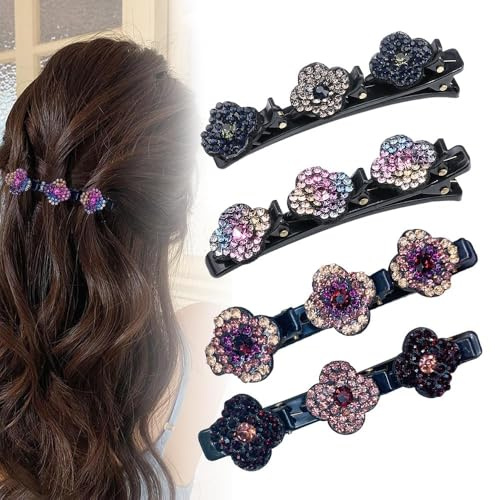 Doppelschicht Haarspangen für Frauen Mädchen, Glitzernde Kristall-Stein Geflochtene Haarspangen, Kolibri Haarspange mit Kristallblume, Geflochtene mit 3 Mini-Haarspangen, Strass-Haarspange (4pcs)