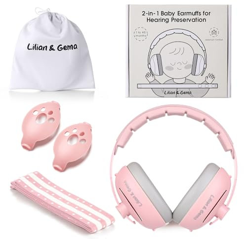 Lilian&Gema Gehörschutz Baby - 2-in-1 Baby Kopfhörer Lärmschutz 25dB - Kinder Ohrenschützer Lärm Verstellbares Kopfband - Kopfhörer Babys Lärmschutz für Babys bis 48 Monate - Hörschutz Kinder Rosa