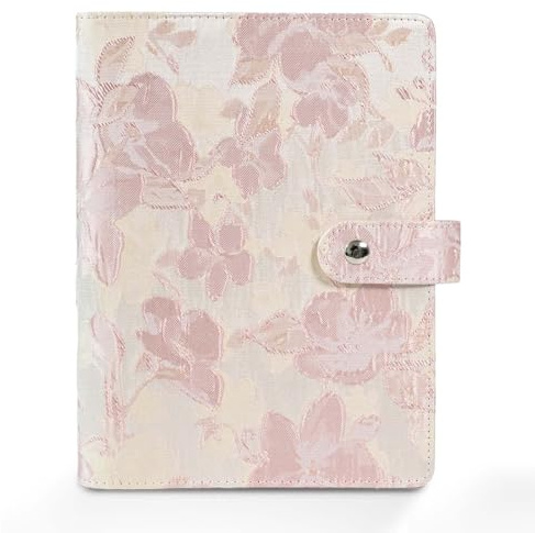 Aesthetic A5 6 Ring Binder Refillable Notebook Budget Binder Magnet Closure Fabric Pink Peach Blossom Binder 5.5 x 8.5 Loose Leaf Planner with 7 Tabbed Dividers for Women School Office