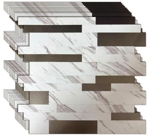 WEIMEISC 10 Sheets Peel and Stick Backsplash Tile for Kitchen, Self-Adhesive Mosaic Tile, Stick on Bathroom Vanities，Fireplace Décor, Laundry Table (White Marble+Frosted Grey-2)