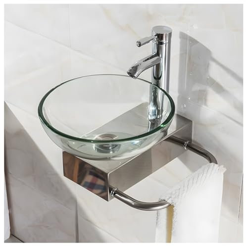 Lavello rotondo in vetro temperato con rubinetto cromato e barra portasciugamani piccolo lavandino multiuso per cucina bagno ristorante bar montaggio a parete lavabo da appoggio bianco