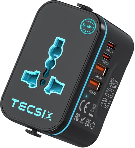 TECSIX 5-in-1 Reiseadapter Weltweit, Universal Travel Adapter mit 2 USB-C und 2 USB-A, Internationaler Steckeradapter für EU UK USA AU, Netzadapter für Handy Laptop in über 200 Ländern