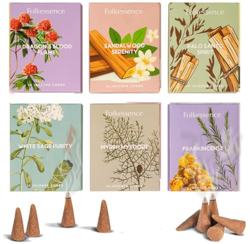 Folkulture Incense Cones Scented | Set of 6 (60 Cones) Pack | Palo Santo, Frankincense, White Sage, Sandalwood Inscents for Gifts for Her | Incense Cone Variety Pack