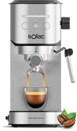 Solac Taste Slim Pro Inox - Cafetera Espresso 20 bares | 2 cacillas | Calientatazas | Calentamiento Thermoblock | Parada Automática | 1L | Acero Inoxidable | Programable | Libre de BPA