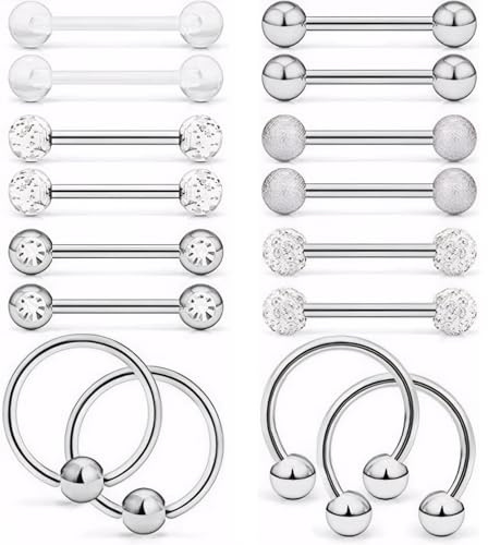 QttvbTna 16Pcs Stainless Steel & Acrylic Body Piercing Jewelry, Dual-Headed Tongue Bar, Nipple Bar, Hypoallergenic & Durable for Tongue, Lip, Nose, Ear