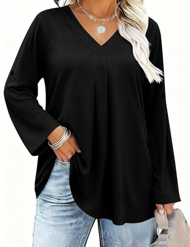 IECCP Chemisier à manches 3/4 roulées et col en V pour femme - Grande taille - Décontracté - Tendance - Manches longues - Tunique ample (1X-5X), Noir , 5XL
