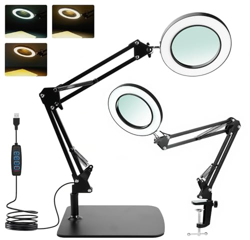 15X Magnifying Lamp with Clamp & Base, 3 Colour Modes Adjustable for Crafts | Dimmable LED, 72 Beads, 3000K-6500K, Flexible Arms, 360° Rotation, USB Powered, for Reading Repair Sewing Jewellery Hobbies