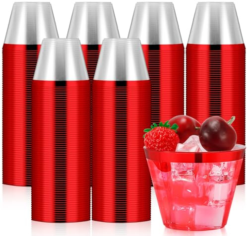 Tczecoo 50 Stück Partybecher Mit Rot Rand, Hartplastik Party Becher | Wiederverwendbare Trinkbecher, Elegante Party Weingläser für Parties, Geburtstag, Hochzeit, Camping, 255ml/9 Oz