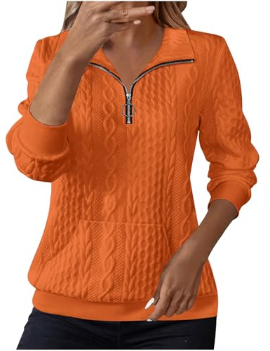 Wyongtao Sweat Femme Décontracté Pull Femme Col Montant avec Fermeture Éclair Haut Ample À Manches Longues Couleur Unie Jacquard Sweatshirt avec Poche Confortable Sport Top Blouse Automne Et Hiver