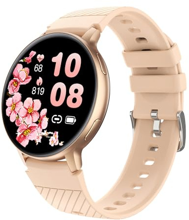 RUXINGX Reloj Inteligente Mujer, Redondo Elegante con Llamadas 5.3, Función Femenina 120+ Deportes Pulsómetro SpO2 Monitor Sueño Podómetro Regalo Android iOS, Oro