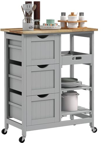 HOMCOM Desserte de Cuisine à roulettes, Chariot de Service, Plan de Travail en Bois d'hévéa, 3 tiroirs, Plateau Amovible, 2 étagères à Lattes, Chariot de Cuisine et Salle à Manger, 67x37x85,5cm, Gris