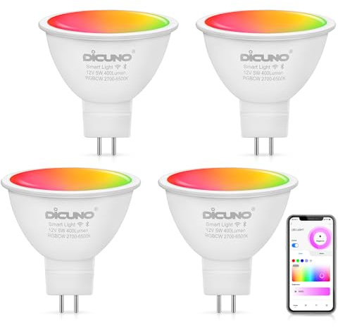 DiCUNO MR16 Smart Bulbs Alexa, RGBCW Color Changing Light, 5W GU5.3 Smart Bulb Compatible with Google Home, Dimmable with App, 2.4GHz WiFi, AC/DC 12V, Bi-pin Base, 400LM, Landscape Light, 4-Pack