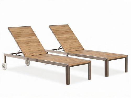 ALEOS. Doppelpack Designer Sonnenliegen Edelstahl A-Grade Teak Holz, Räder