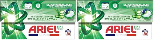 Ariel 3en1 PODS, Lessive Liquide En Capsules 30 Lavages, Touche d’Aloe Vera, Élimination Impeccable Des Taches En Un Seul Lavage, Dissolution Rapide (Lot de 2)
