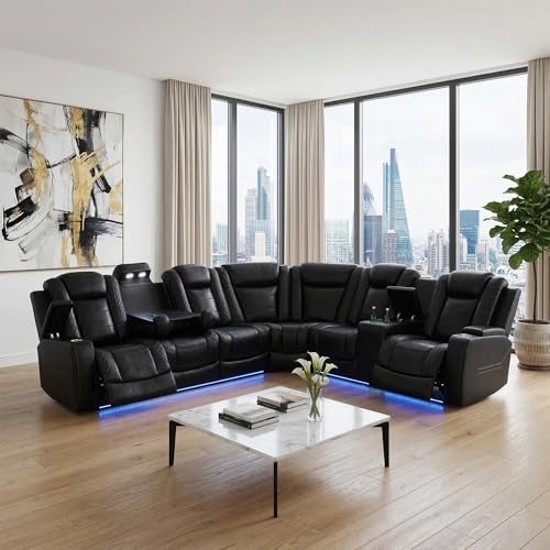 ELDANISH Power Recliner Sectional Sofa, Home Theater Seating with LED Lights,Storage Console, Ergonomic Backrest,USB Ports, Cup Holders, Faux Leather Corner Couch for Living Room (Black)