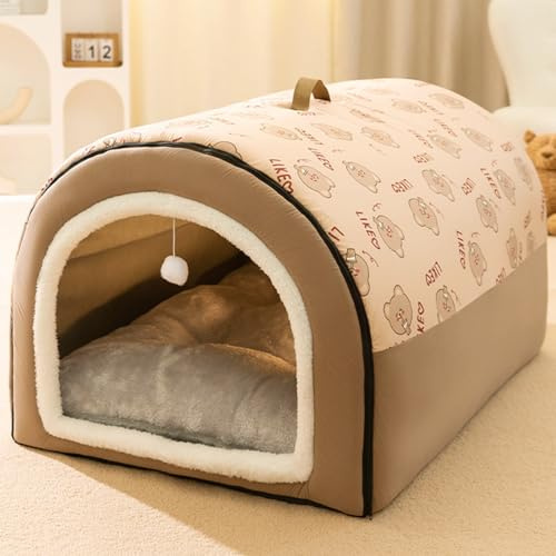 GZGLZDQ Hundehöhle mit abnehmbarem Kissen, 2 in 1 Warme und Gemütliche Hundehütte Indoor, Plüsch Hundebett für Kleine, Mittlere, Große Hunde und Katzen(Brown,75 X 50 X 50 cm)