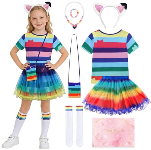 COYBTO Déguisement de Princesse pour Fille, Robe Tutu Arc-en-ciel pour Filles avec T-Shirt Bleu, Collier et Sac, Robe de Princesse pour Anniversaire Carnaval Halloween Cosplay (120)