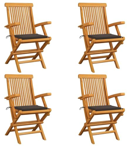 IBUQDDV 4 Stück Gartenstühle aus Massivholz Teak mit Taupe Kissen - Wetterbeständige Klappstühle für Terrasse Garten und Innenhof - Langlebige Holzstühle mit Polsterung und einfacher
