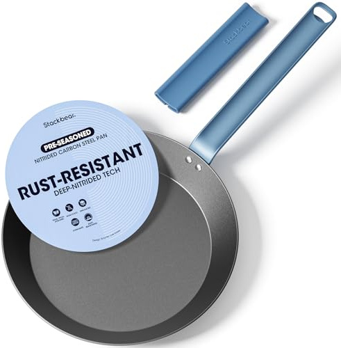 stackbear Carbon Steel Frying Pan 25 cm, Nitrided Carbon Steel Skillet, Preseasoned Rust Resistant Cooking Pan, Induction & Oven Safe Professional Cookware
