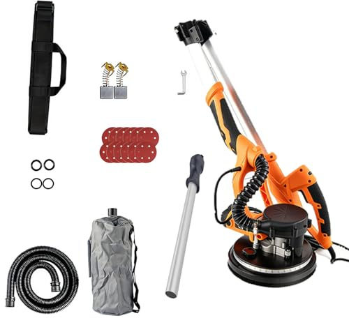 DowPie Lijadora de Techo, lijadora de Paneles de Yeso con autoaspiración y Bolsa para Polvo, 500-2000 RPM, iluminación LED, pértiga Extensible, Equipada con 12 Discos de Lijado. Orange-110V