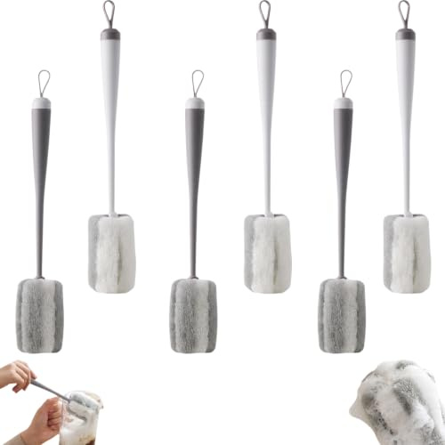 Mug Cleaning Tool, 6 Pcs Sponge Cleaning Brush(White and Grey) | 31 x 5 cm Scrubber Washing Water Bottles Cleaner Washing up Sponge with Plastic Handle for Bottles Cups
