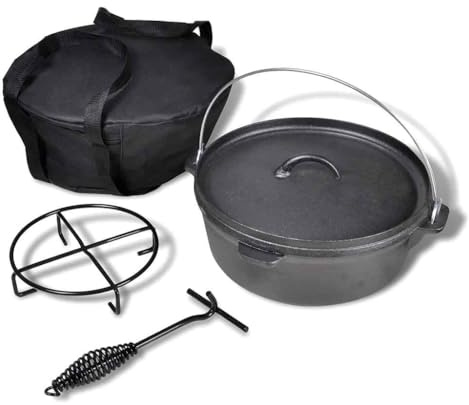 Kaloriko Four néerlandais en Fer moulu 5,6 L avec Couvercle à Rebord, lève Couvercle, Support et Sac de Transport Noir pour mijoter, rôtir, Braiser, bouillir, Cuisson Maison et forêt