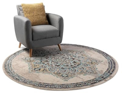 benuta Nest Vintage Teppich Casa - Beige/Türkis 180 cm rund - Teppich für Wohnzimmer, Schlafzimmer und Flur - Pflegeleicht - Fußbodenheizung Geeignet