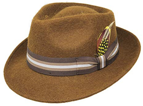 Borges & Scott Alpaka Doyle - Teardrop Fedora Hut - Alpaka Wollfilz - Abnehmbare Feder – Für die Reise aufrollbar - Wasserabweisend - Unisex - 54cm Braun