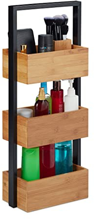 Relaxdays Badregal Bambus, platzsparendes Korbregal mit 3 Ablagen, Bad, Küche, Wohnzimmer, Metall, 67x28,5x15 cm, natur