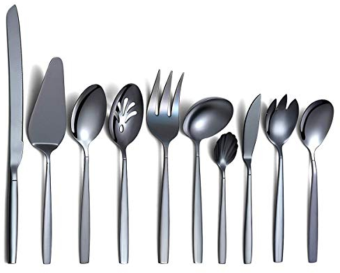 Berglander Juego de cubiertos de acero inoxidable negro para servir 10 piezas con revestimiento de titanio negro, cucharas para servir, utensilio para servir plateado (10 piezas)