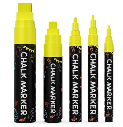 5 Yellow Chalkboard Chalk Pens - Yellow Dry Erase Markers for Blackboard | Variety Pack - Fine & Jumbo Size Ink Pen (1mm, 3mm, 6mm, 10mm, 15mm) - Liquid Chalk Pens for Chalkboard Signs, Windows, Glass