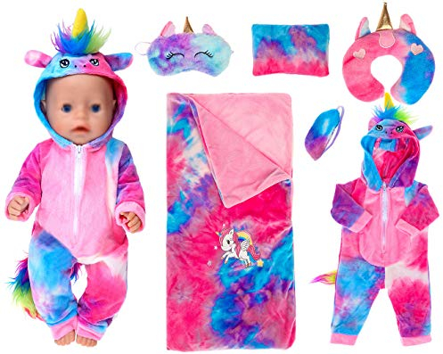 ebuddy 6 Stück/Set Regenbogen Einhorn Puppe Kleidung Zubehör Inklusive Schlafsack, Strampler, Kissen, Augenschirme für 43 cm Neugeborene Babypuppen (Keine Puppe)