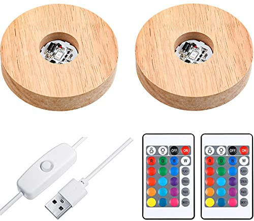 Mudder 2 Pcs Light LED Base Wood LED Display Base for Glass Art Decor Crystal Acrylic Resin, 16 Colored USB Light with Remote Wooden Round Lamp Stand for 3D Crystal Ball Room Home Decor(Wood Color)