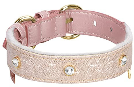 PetsHome Katzenhalsband, Hundehalsband, [Bling Strasssteine] PU-Leder Verstellbares Haustierhalsband für Hunde und große Katzen, mittelgroß, Gold