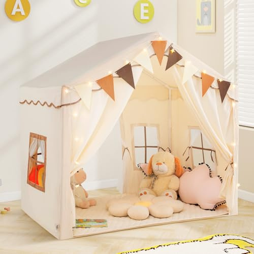 GYMAX Large Kids Tent, Play Tent with Cotton Mat, Star Lights, Flags, 2 Doors and Windows, Outdoor Indoor Children Playhouse for 3 Years Old+, 136x94x134cm (Beige) | Star Lights, Flags, 2 Doors and Windows, Outdoor Indoor Children Playhouse for 3 Years Old+, 136x94x134cm