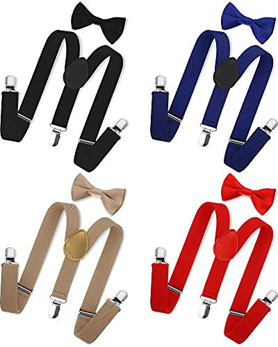 SATINIOR 4 Set Kids Suspenders and Bow Tie Set Y Shape for Boys Girls Child Elastic Adjustable Suspenders Sets for Wedding(Red, Khaki, Black, Royal Blue,S)