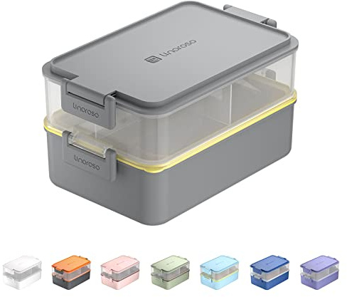 Linoroso Bento Lunch Box Boite Repas pour Adulte avec 3 Compartiment Lunchbox avec Récipient à Sauce et Ustensiles Micro Ondable et Lave-vaisselle, Sans BPA Comme Boîte à Sandwich Salade - Gris Ultime