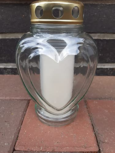 meytrade Set Grabkerze Trauerlicht Herz Form weiss Gedenkkerze Grablampe Glas ca. 18cm hoch inkl. Zündhölzer gratis