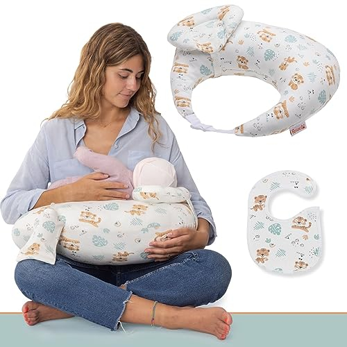 RUGUIES Stillkissen. Ergonomisches Stillkissen. Stillkissen Bezug aus 100% Baumwolle, Waschbar, mit Tasche und Verstellbarem Gurt, Kleines 45° Anti-Reflux-Kissen für Babys.