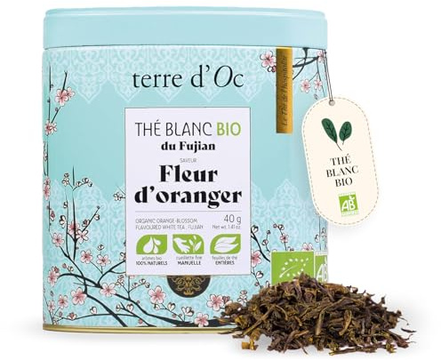 terre d'Oc - Thé Blanc Bio du Fujian - Saveur Fleur d'Oranger - Boite en Métal - Feuille en vrac - Idée cadeau Homme et Femme - 40g | Bai Mu Dan - Bourgeons Argentés - Boite Métal - Saveur Délicate de Fleur d'Oranger - Idée Cadeau Homme et Femme