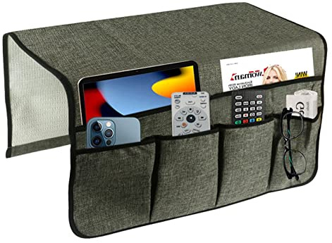 Tiandeng Funda para Mando Distancia de TV – Bolsa de Almacenamiento para reposabrazos con 6 Bolsillos – Funda Antideslizante para Mando Distancia de sofá para revistas, tabletas, teléfonos, Gafas