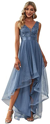 Ever-Pretty Vestito da Cerimonia Ballo Scollo a V Orlo Alto-Basso Stile Impero Abiti da Damigella Donna Denim Blu 52