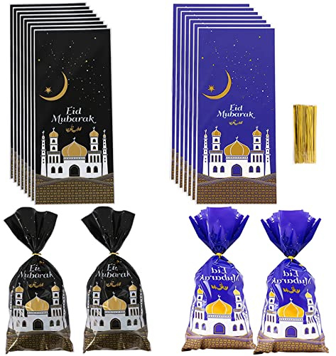 Eid Mubarak-presentpåsar, ramadan-godispåse, goodiebag i klar cellofanplast med 100 förslutningsclips, Eid Mubarak-party-presentpåsar, presentförpackning för festdekoration