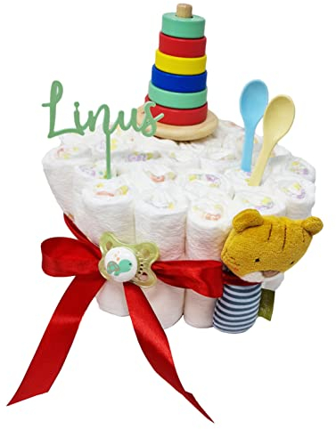 Elfenstall Windeltorte mit Acryltopper und Schnuller als Geschenk zur Geburt oder Taufe (Stapelturm)