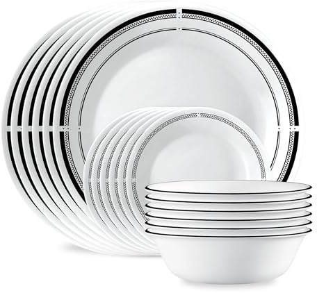 Corelle 18-Piece Round Dinnerware Set, Service for 6, Lightweight Round Plates and Bowls Set, Vitrelle Triple Layer Glass, Chip and Scratch Resistant, Microwave and Dishwasher Safe, Brasserie