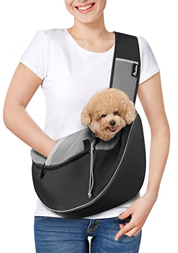 Pawaboo Hundetragetasche, Neu aufgewertet Hundetasche mit Touch-Pocket, Verstellbare Tragetasche Hund, Haustier Umhängetasche Transporttasche für Haustiere für Outdoor Reisen - M, Schwarz