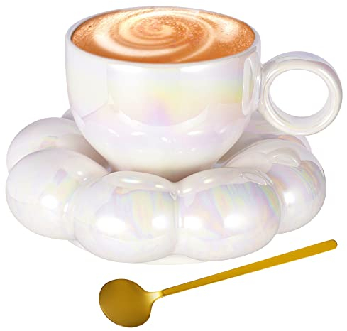 Weigudoc Ensemble de Tasses à Café en Porcelaine Soucoupe en Forme de Nuage et Cuillère,185ml Tasses à Thé et Soucoupe,Gobelets à Café Adorable Couleur Macaron pour Ménage Bureau Mariage (blanc perle)