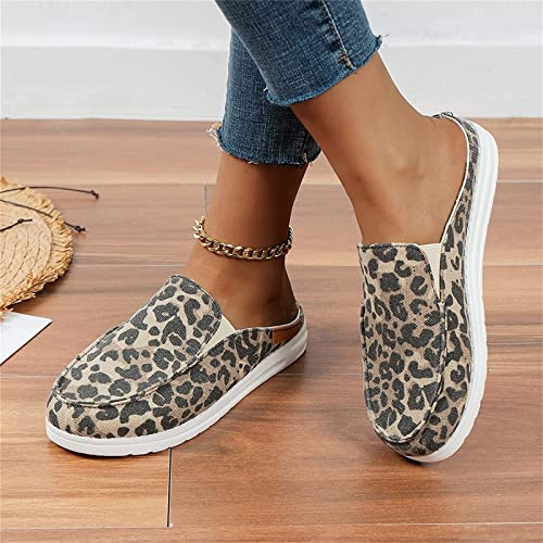 DOIX Zuecos para Caminar Mujer Zapatos de Mula Plana de Verano de Moda 2023 Pantuflas con Punta Cerrada Chanclas Mocasín de Lona Informal Zapatos de Conducción,Leopard Print,US8/EU39